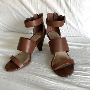Women’s dress sandals, 3 inch heel, color tan, size 7 1/2
